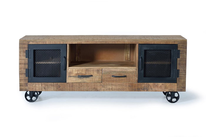GINER Y COLOMER Meuble TV industriel en bois de manguier et métal, couleur naturel - 150 x 60 x 38 cm, structure en bois massif avec portes métal, finition artisanale